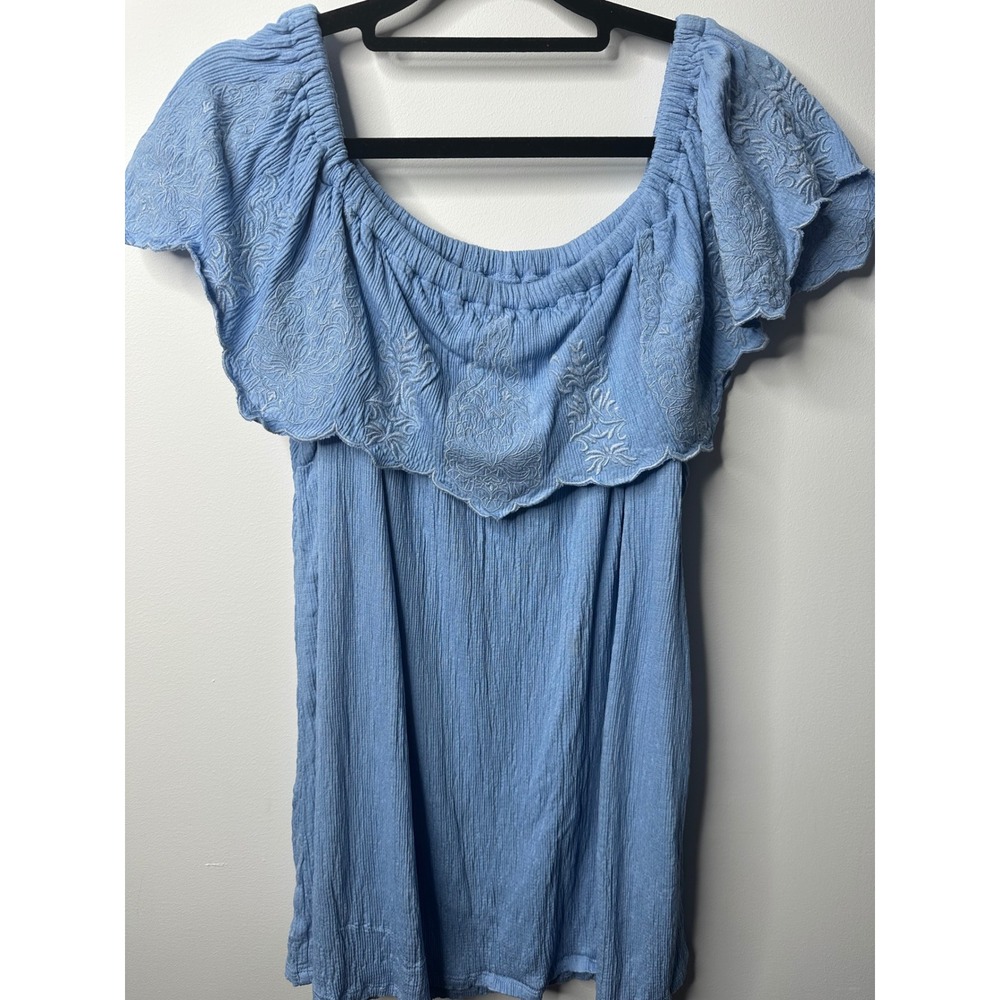 Nygard Light Blue Embroidered Off Shoulder Blouse XL Boho Ruffle Crinkle Top